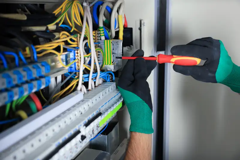 Elektricien met werkhandschoenen draait met een schroevendraaier een aansluiting vast in een groepenkast